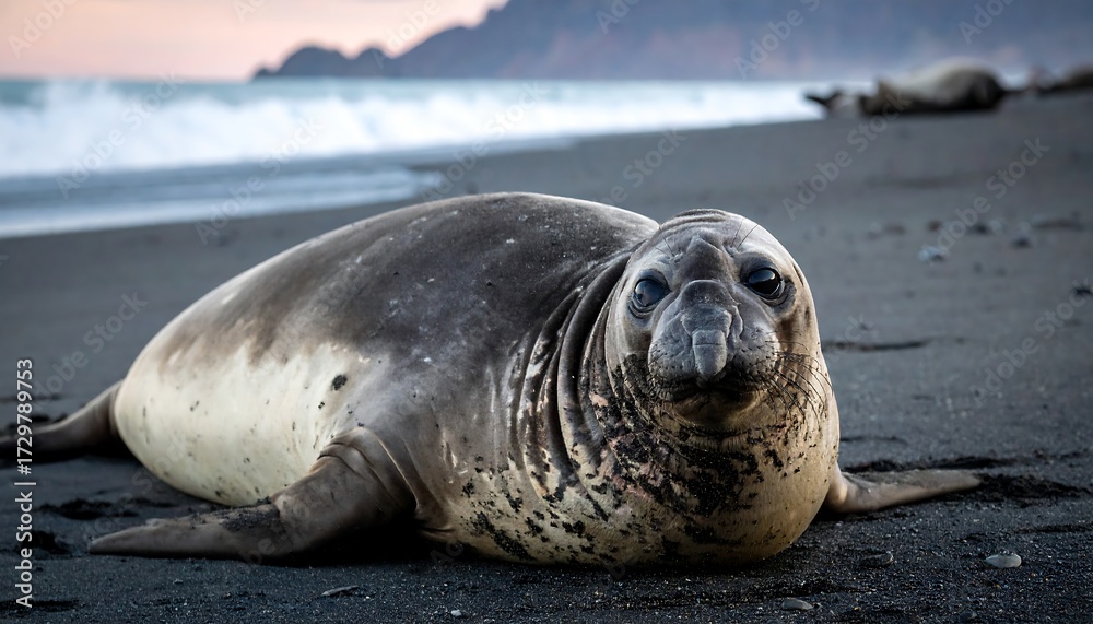 Fototapeta premium A large seal resting on a beach at sunset