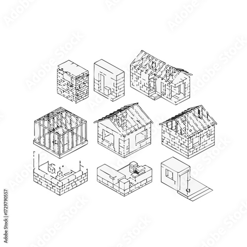 A collection of detailed isometric line drawings showcasing various stages of house construction and architectural elements, ideal for design and educational purposes.