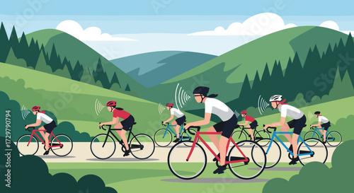 Cyclists racing uphill through scenic green mountains on a sunny day.