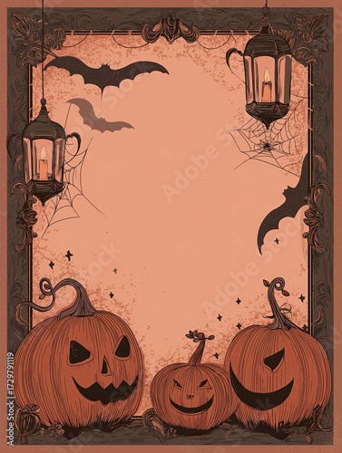 Spooky Halloween-themed A4 blank paper with jack-o'-lanterns, pumpkins, and bats on the border, vintage style with a warm color background and rich details, perfect for Halloween designs and decoratio