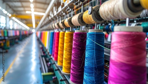 A row of colorful spools of thread in a textile factory, illuminated by bright lights. The threads are strung