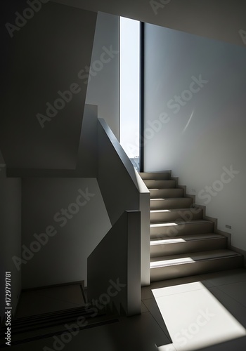 Staircase bathed in light evoking modern architectural design and geometric aestheticism within a minimalist interior