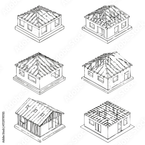Detailed isometric line drawings illustrate various stages of residential building construction, showcasing different roof framing designs and structural elements.