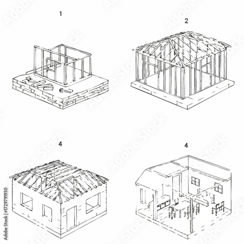 This detailed technical illustration presents the four sequential stages of residential house construction, from initial foundation work to the complete interior layout.