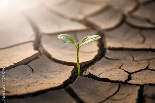 Tiny green sprout with water droplet growing from cracked dry earth in sunlight plant growth
