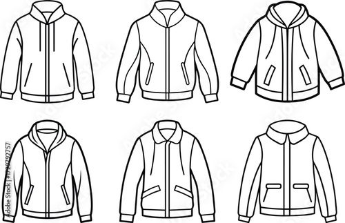 Collection of jacket line art, black outline, vector and illustration
