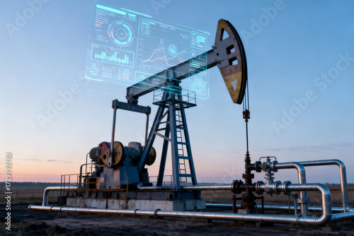 Oil pumpjack with digital overlay at dusk in an oil field