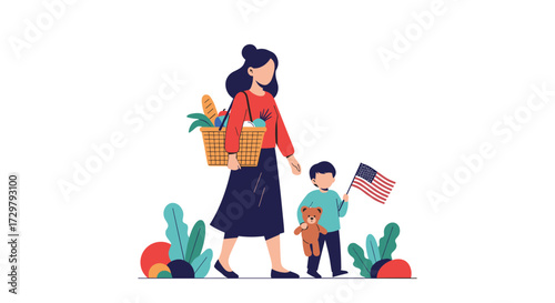 A mother and her children celebrating a national holiday with a flag and groceries.