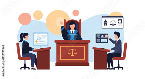 Judgement in a courtroom with a judge and two lawyers presenting evidence.