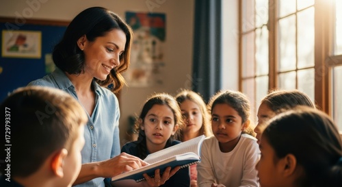 Engaging teacher leads a group of enthusiastic students during an inspiring lesson on Teachers Day in a bright classroom