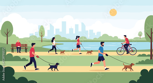 People enjoying a sunny day in the park with their pets and engaging in outdoor activities.