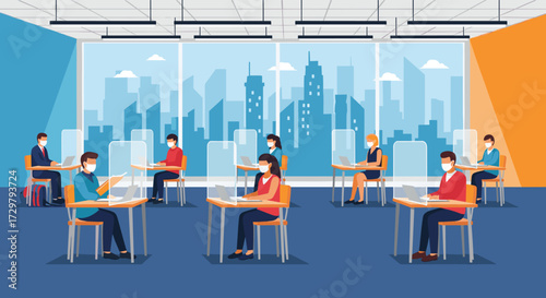 Diverse group of people practicing social distancing in an open concept office.