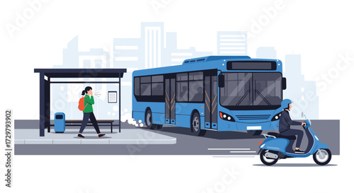 A blue bus is at the bus stop with a person and a scooter nearby.