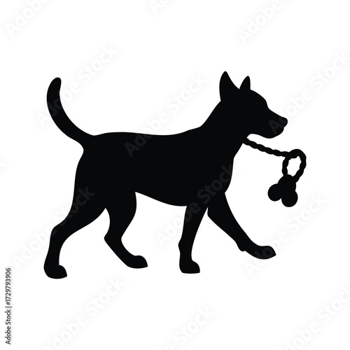 Silhouette of a dog walking with a knotted rope toy in mouth, dog tugging toy silhouette vector illustration