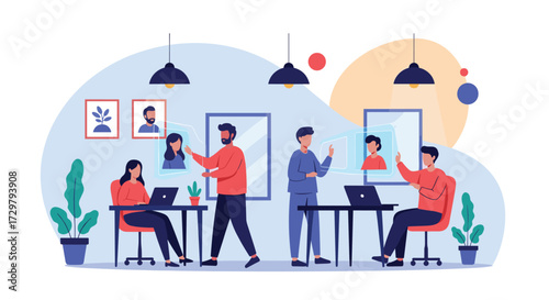 Digital transformation and remote work collaboration in a modern office environment.