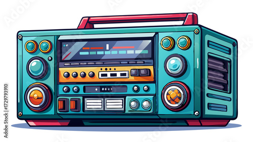 Retro Boombox Illustration with Vibrant Colors and Detailed Design Elements