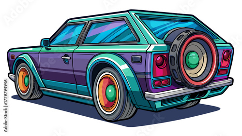 Stylized Cartoon Car with Vibrant Colors and Retro Aesthetic Design