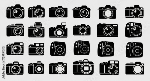 Collection of twenty four black camera icons arranged in a grid pattern on a light background
