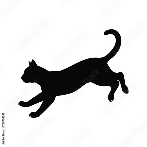 Black cat silhouette jumping and prowling playfully on white background illustration, cat pouncing silhouette vector illustration