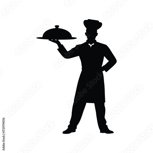 Silhouette of a chef presenting a dish with style and confidence pose, chef holding tray of food silhouette vector illustration
