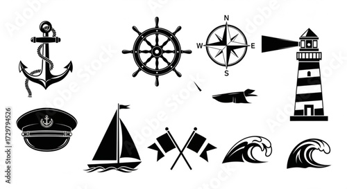 Collection of nautical themed icons including an anchor, wheel, compass, and lighthouse design elements
