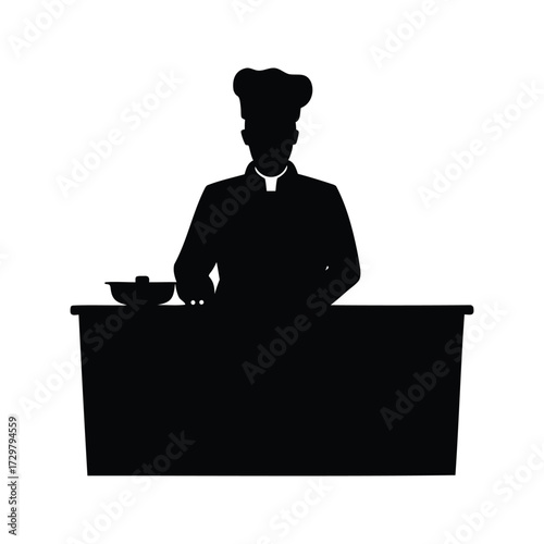 Silhouette of a chef with a priest collar standing behind a counter, chef working at counter silhouette vector illustration