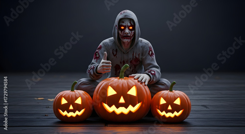 Creepy zombie with glowing eyes gives a thumbs up, surrounded by carved Halloween pumpkins, perfect for spooky holiday designs