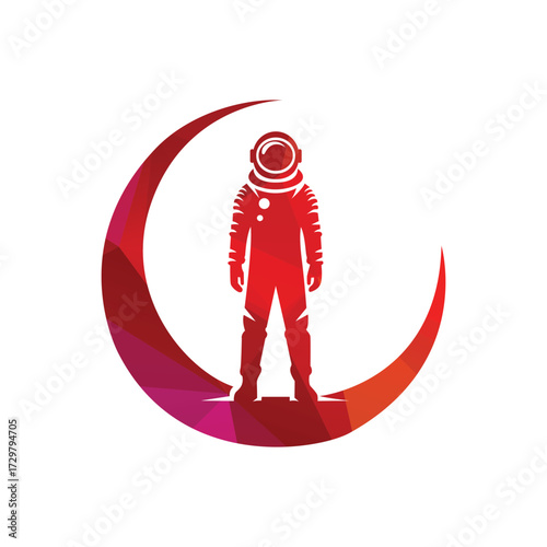 Astronaut Standing on Crescent Moon Emblem