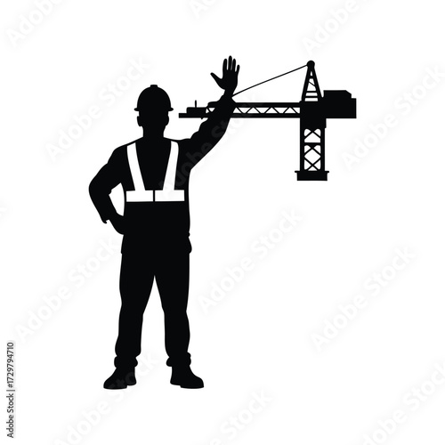 Silhouette of construction worker signaling near a crane against a white background, construction worker signaling crane silhouette vector illustration
