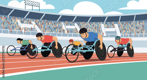Athletes competing in a wheelchair race on a sunny day.
