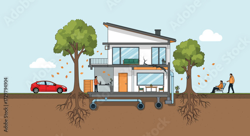 Illustrating how underground tree roots can impact home plumbing and foundations.