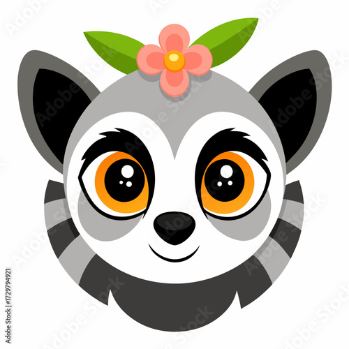 Cute cartoon lemur face with a flower crown and adorable big eyes