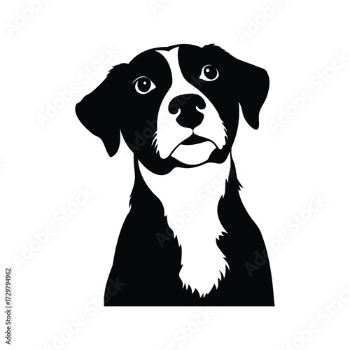 Elegant black and white portrait of a curious dog with expressive eyes, dog looking up silhouette vector illustration