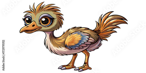 Cartoon Illustration of an Adorable Ostrich Bird with Large Eyes and Feathers