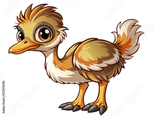 Cute cartoon emu chick stands with bright eyes on a white background