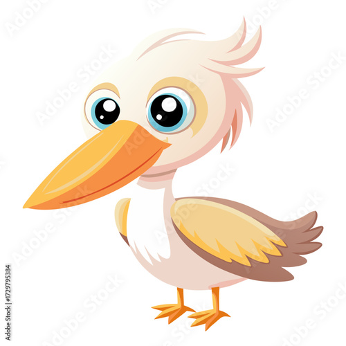 A cute cartoon pelican with large eyes and a yellow beak