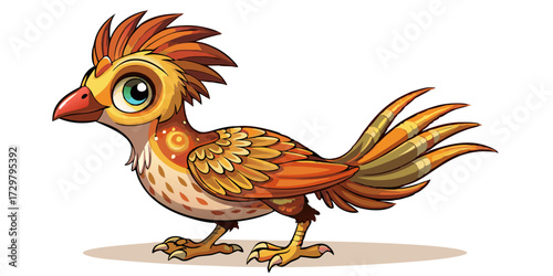Cartoon illustration of a fantasy bird with detailed feathers and big eyes