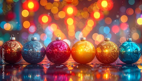 A row of six vibrant Christmas ornaments reflecting colorful bokeh lights in the background, with detailed texture