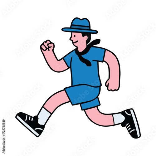Flat Illustration of Happy Man Running with Blue Clothes and Hat