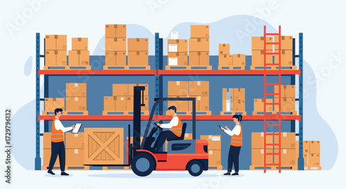 Warehouse workers organize inventory using forklifts and ladders to store boxes on shelves.