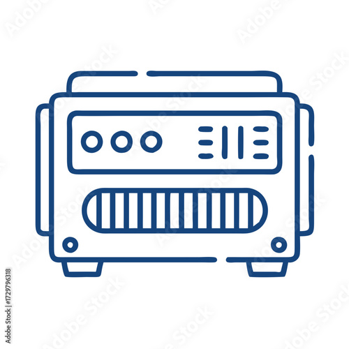 A minimalist blue line art drawing of a vintage radio receiver