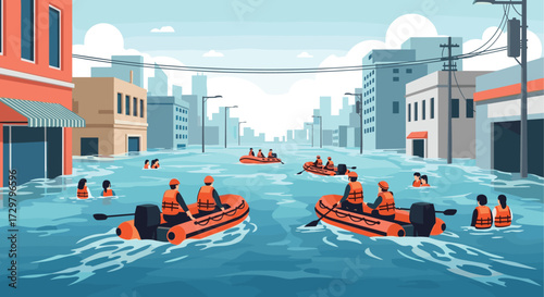 Emergency rescue teams navigate flooded city streets helping people to safety.