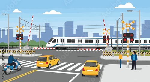 A busy intersection with a train crossing on a clear day.