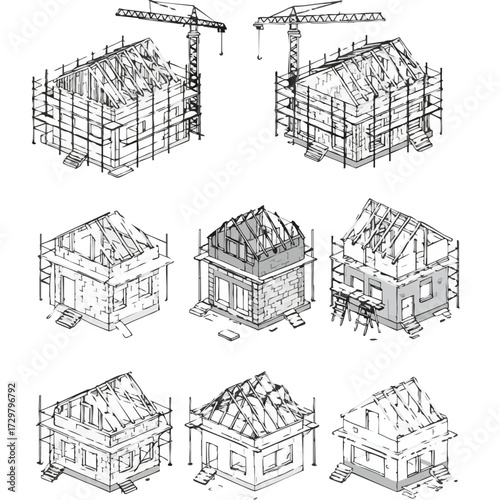 Precise isometric illustrations detailing the complete construction journey of a residential property, from initial foundation and framing to exterior wall development.
