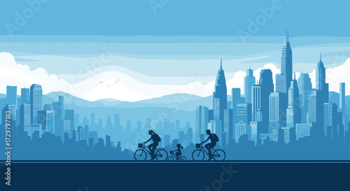Two people cycling with a child on a bicycle in front of a city skyline under a blue sky.