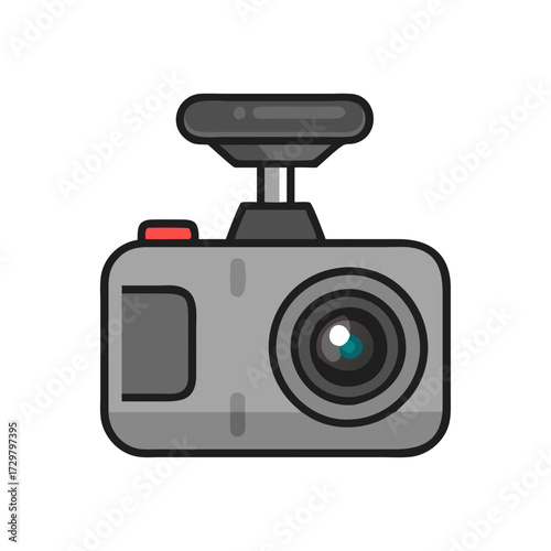 Cartoon illustration of a digital car dashboard camera with suction mount