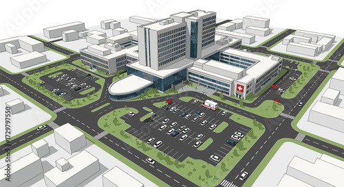 Modern hospital complex design with extensive parking and surrounding urban infrastructure.
