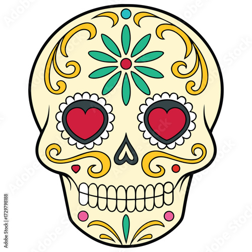 Classic White Sugar Skull with Hearts and Floral Ornaments  Vector