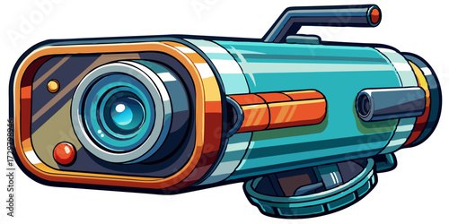 Cartoon illustration of a futuristic video camera with a sleek design