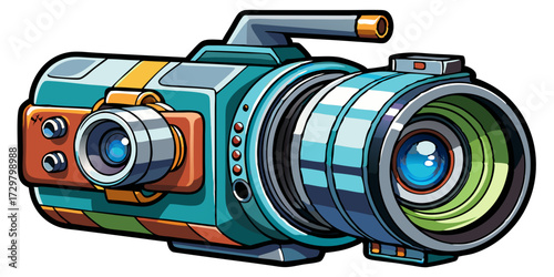 Cartoonish retro video camera with colorful teal, orange and gray body